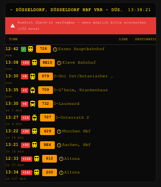 Real-time departure board showing live departures from Düsseldorf Hbf